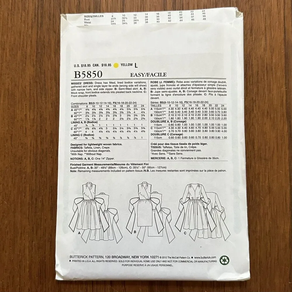 UNCUT Butterick Sew Pattern 5850 Misses Mock Wrap Dress Lined Bodice 8-16